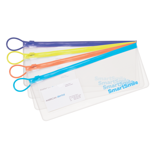 Included: reusable SmartSmile vinyl zipper bag with business-card slot (assorted zipper colors)